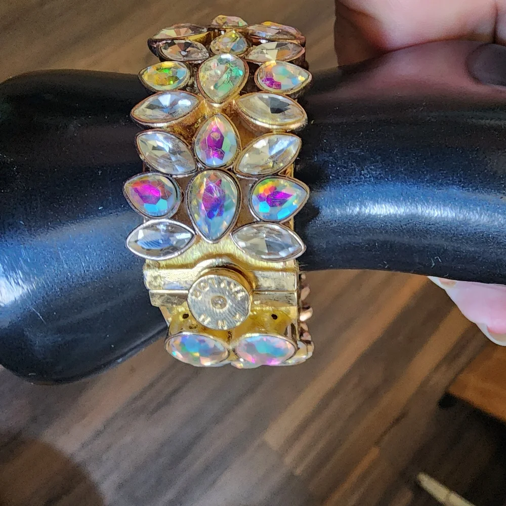 Ann Taylor Aurora borealis rhinestone gold tone Chunky Bangle bracelet designer - Picture 7 of 11